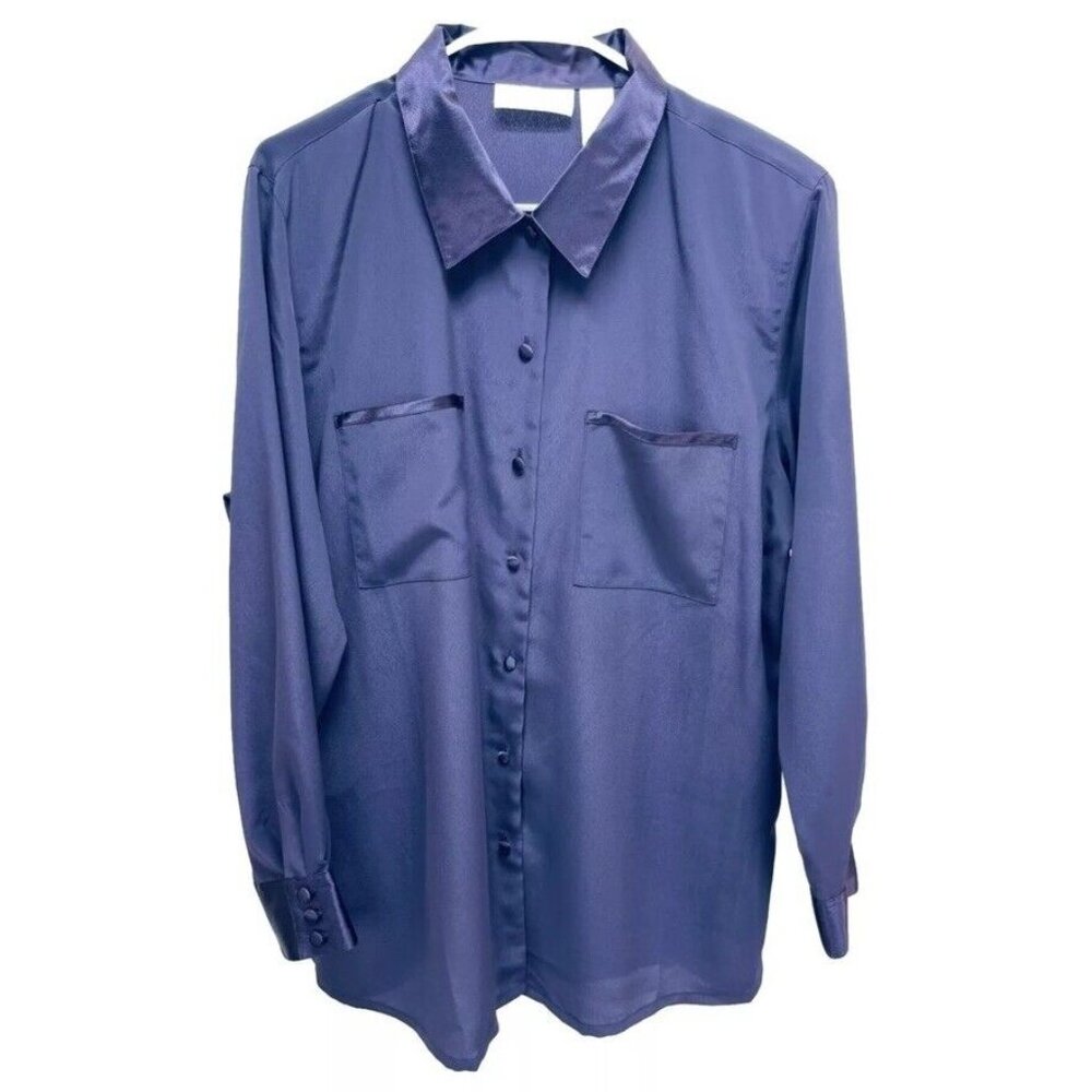 Studio Works Women's Casual Blouse Size 18W Blue Long Sleeve